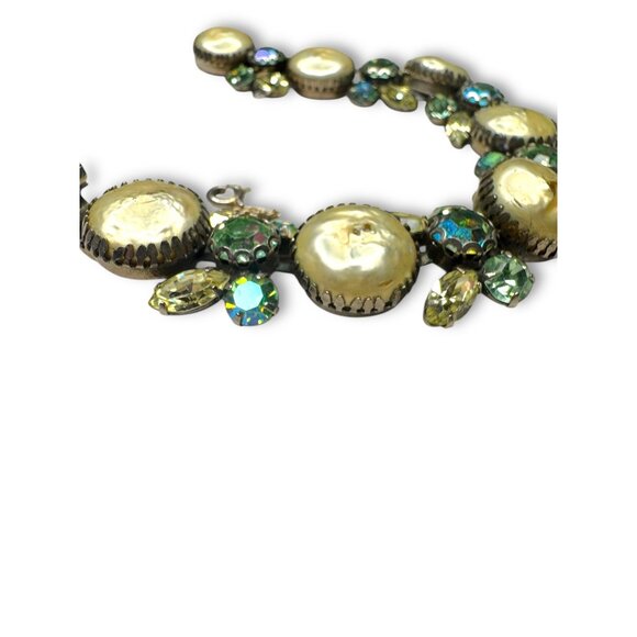 Regency Bracelet Earrings Set Faux Pearls Green Rhinestones Silver Tone - Picture 9 of 16